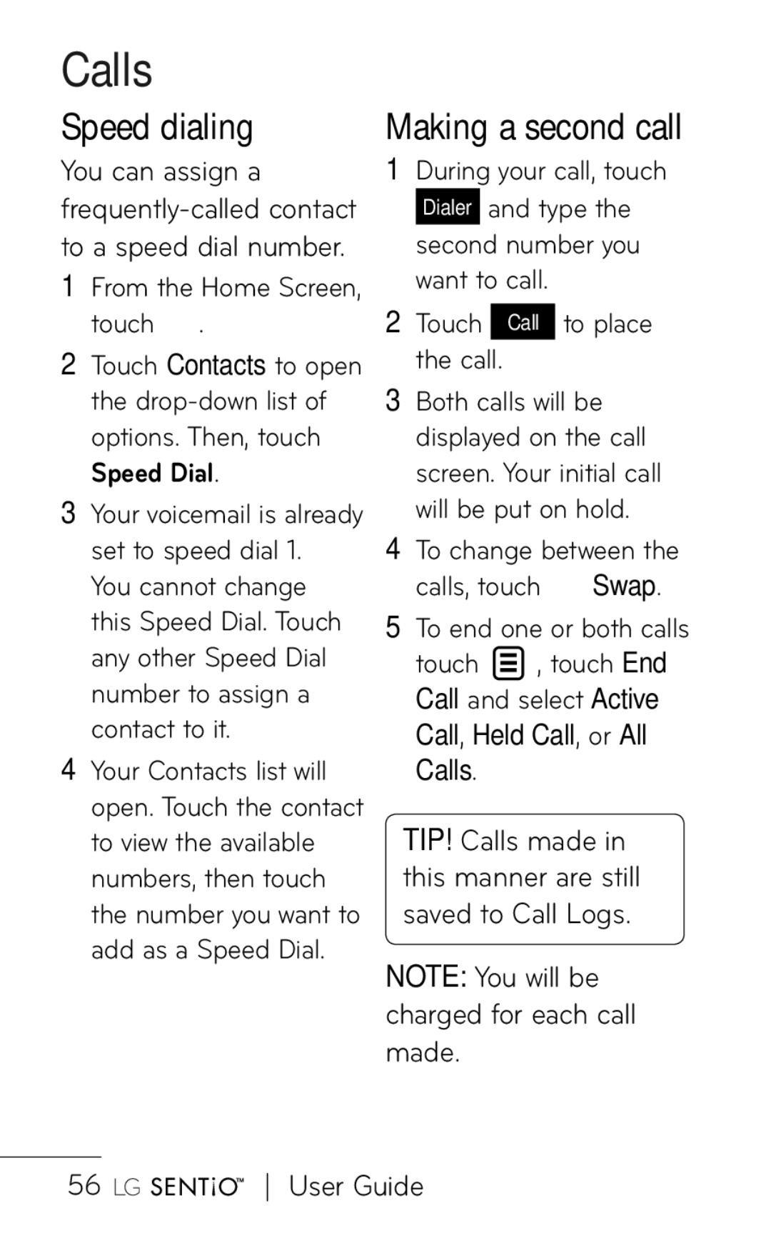 LG Electronics B016222 manual Speed dialing, Making a second call, Speed Dial 