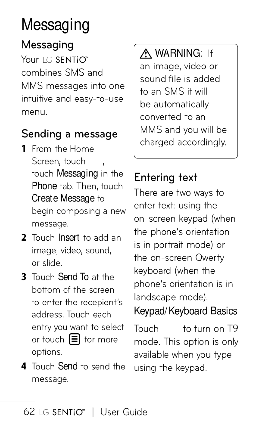 LG Electronics B016222 manual Messaging, Sending a message, Entering text, Keypad/Keyboard Basics 