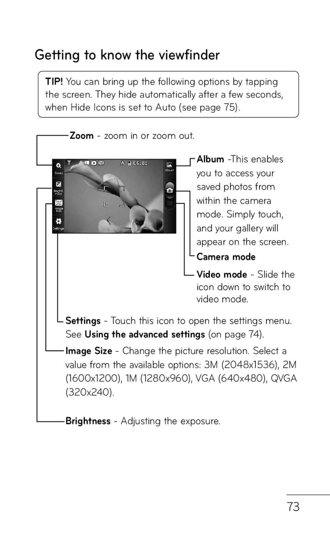 LG Electronics B016222 manual Getting to know the viewfinder, Zoom zoom in or zoom out 