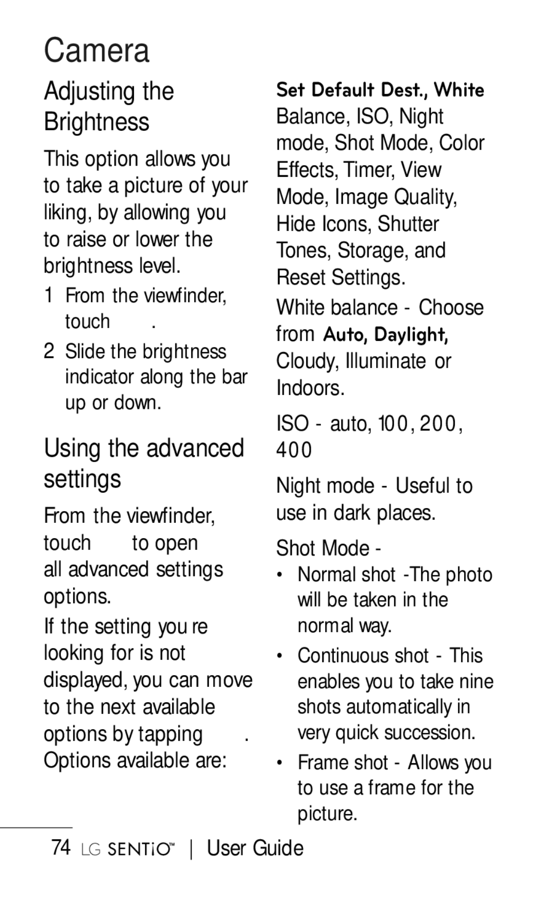 LG Electronics B016222 manual Adjusting Brightness, Using the advanced settings, ISO auto, 100, 200 