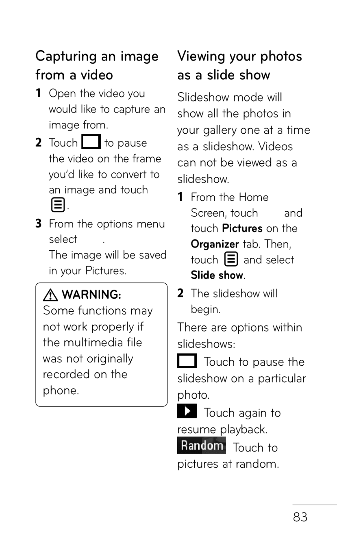 LG Electronics B016222 manual Capturing an image from a video, An image and touch, Select, Touch and select, Slide show 