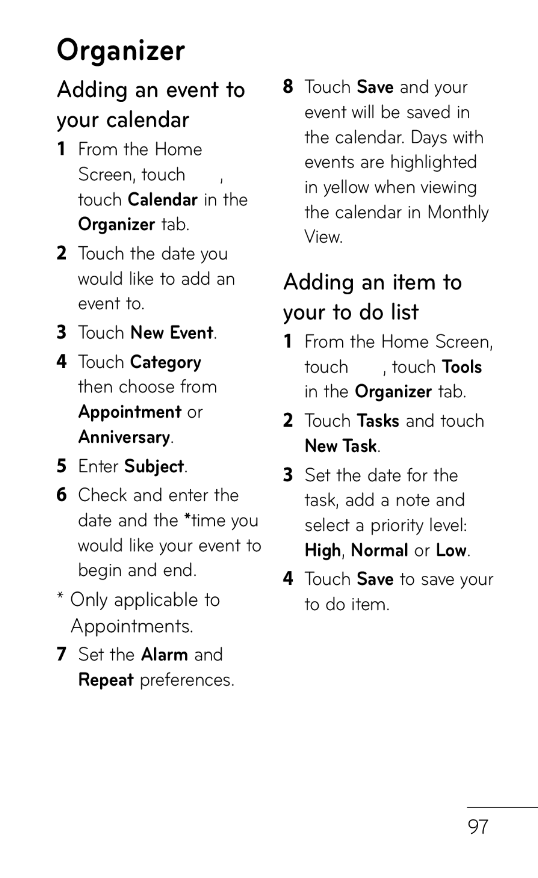 LG Electronics B016222 Organizer, Adding an event to your calendar, Adding an item to your to do list, Touch New Event 