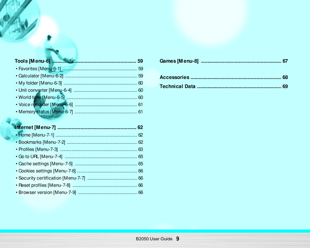 LG Electronics B2050 manual Games Menu-8 Accessories Technical Data 