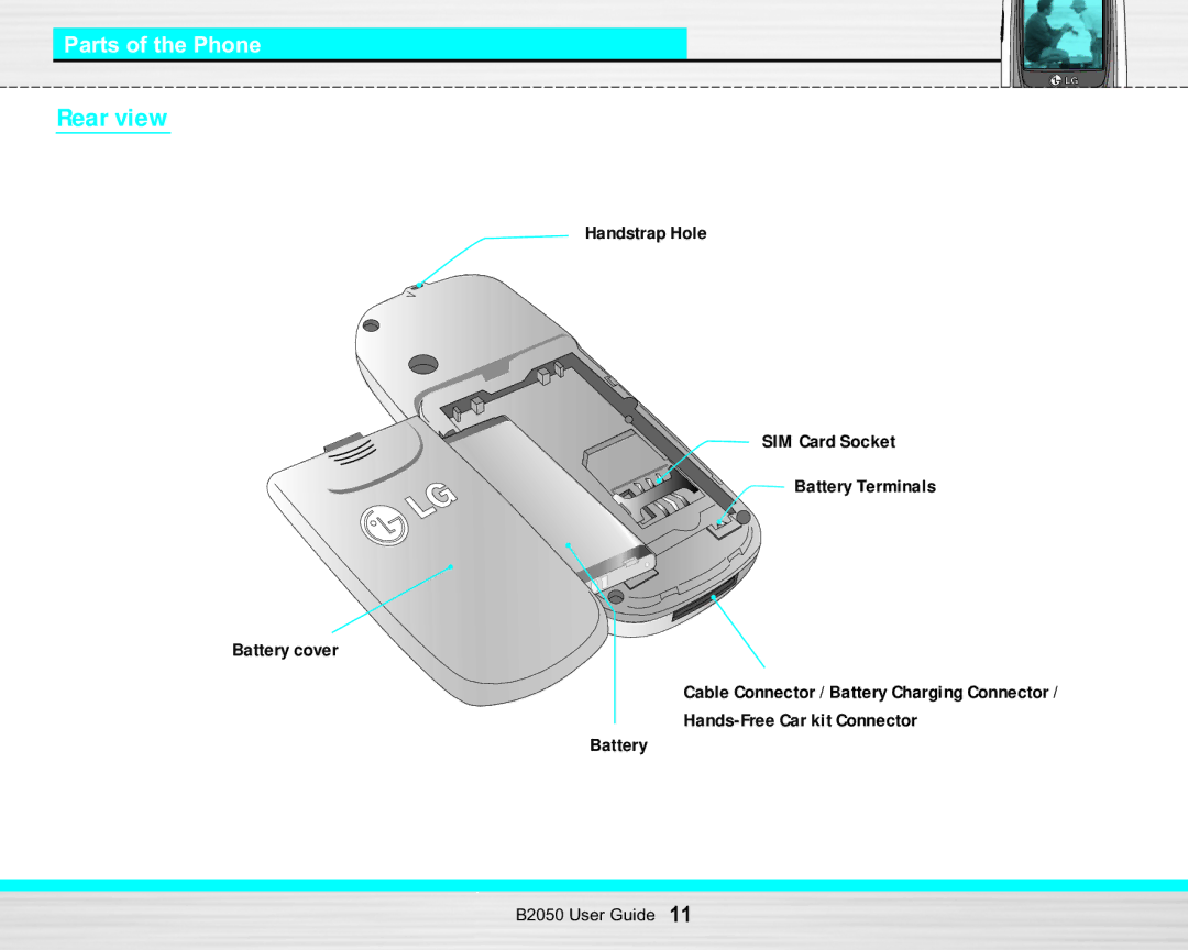 LG Electronics B2050 manual Rear view, Parts of the Phone 