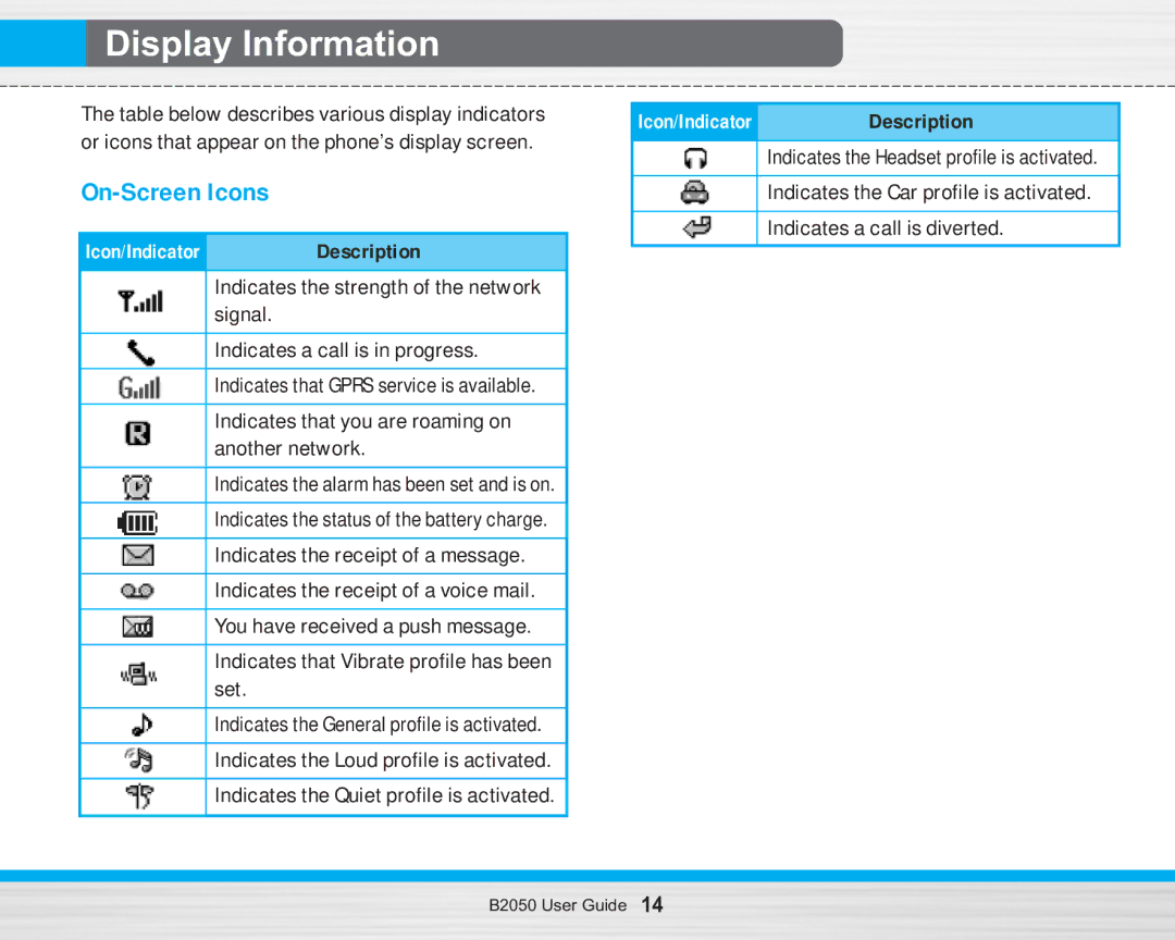 LG Electronics B2050 manual Display Information, On-Screen Icons 