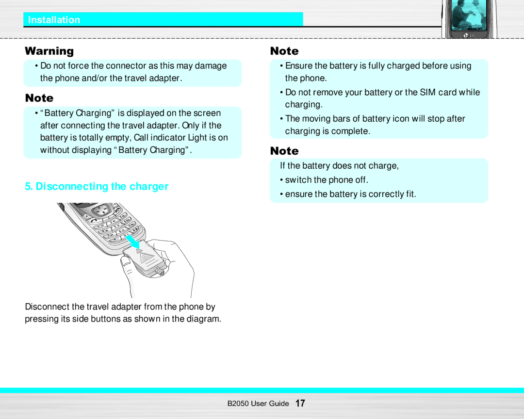 LG Electronics B2050 manual Disconnecting the charger, Installation 