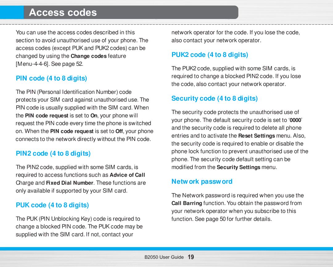 LG Electronics B2050 manual Access codes 