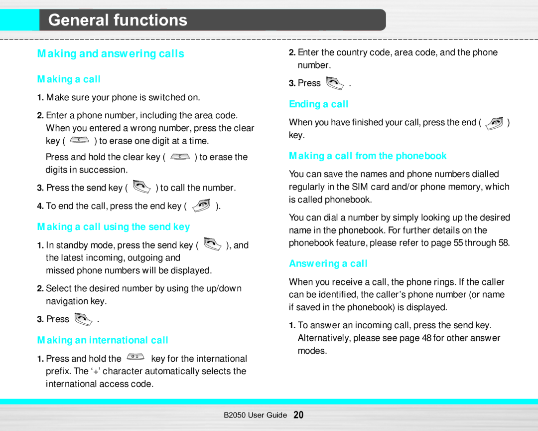 LG Electronics B2050 manual General functions, Making and answering calls 