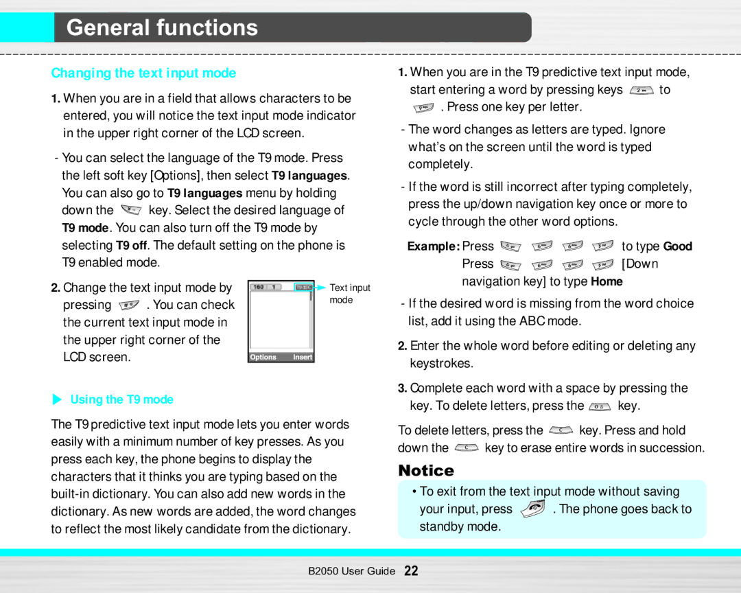 LG Electronics B2050 manual Changing the text input mode, Example Press, Keystrokes 