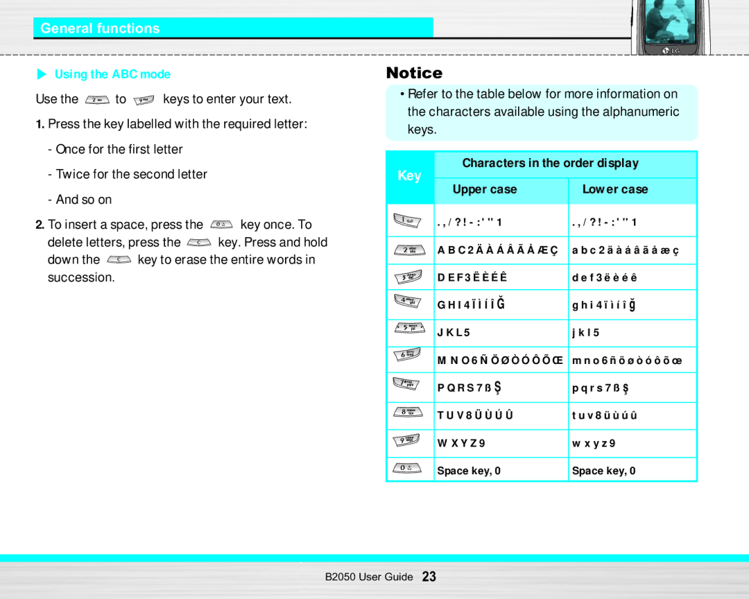 LG Electronics B2050 manual Once for the first letter, Lower case, So on Upper case 