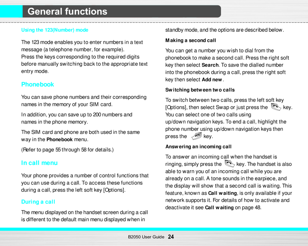 LG Electronics B2050 manual Phonebook, Call menu, During a call 