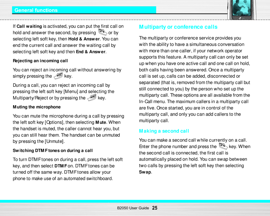 LG Electronics B2050 manual Multiparty or conference calls, Making a second call, Rejecting an incoming call, Swap 