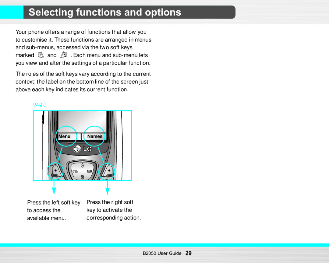 LG Electronics B2050 manual Selecting functions and options, Press the left soft key to access the available menu 