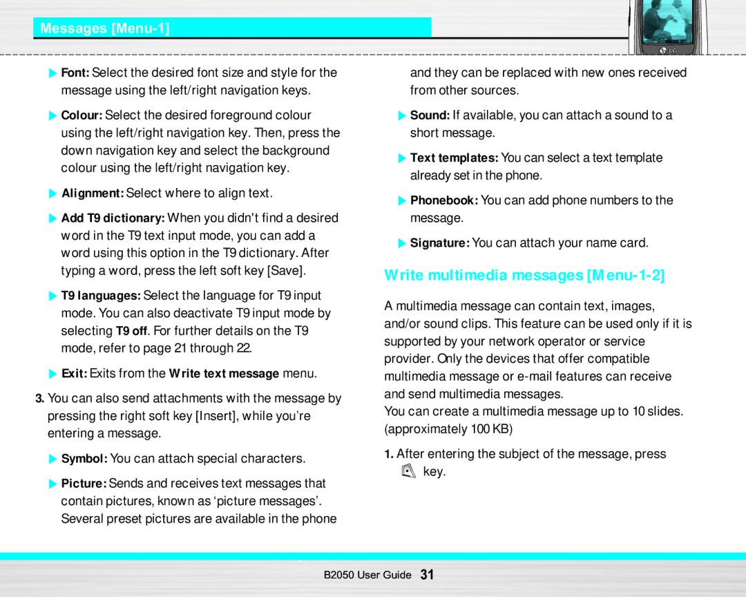 LG Electronics B2050 manual Write multimedia messages Menu-1-2, Messages Menu-1, Alignment Select where to align text 