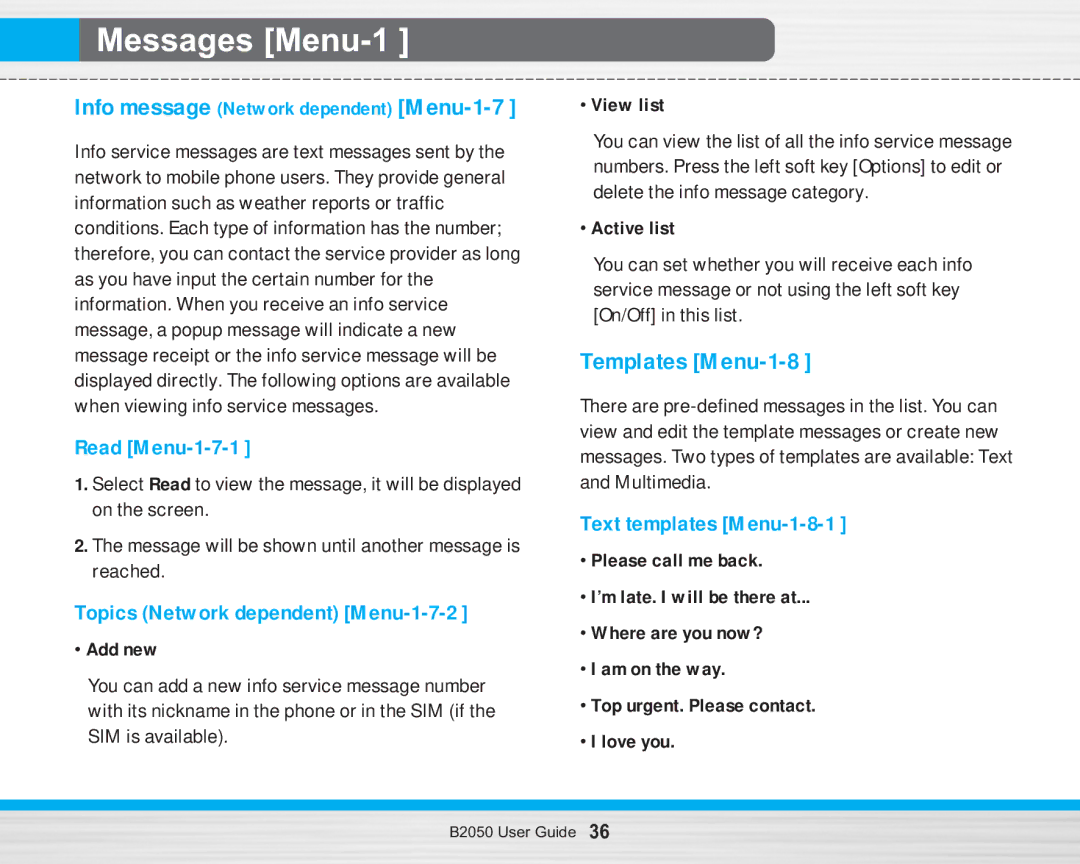 LG Electronics B2050 manual Templates Menu-1-8, Info message Network dependent Menu-1-7, Read Menu-1-7-1 