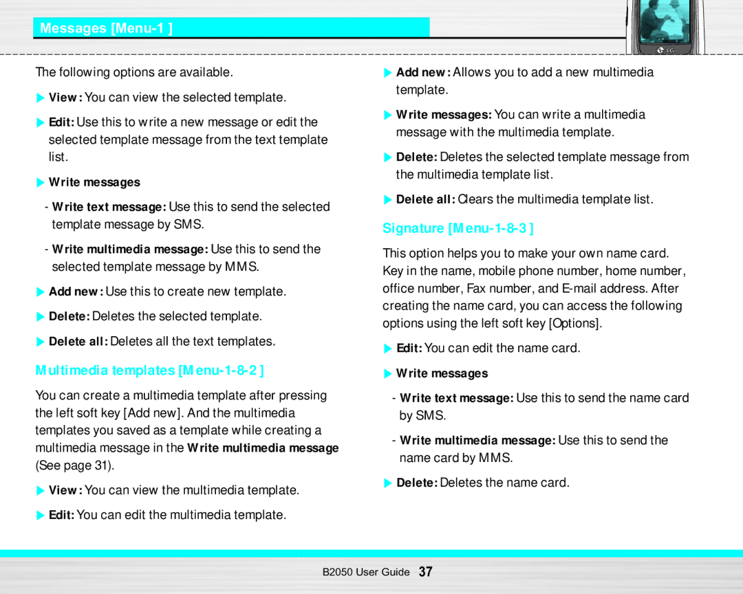 LG Electronics B2050 manual Signature Menu-1-8-3, Multimedia templates Menu-1-8-2, Write messages 