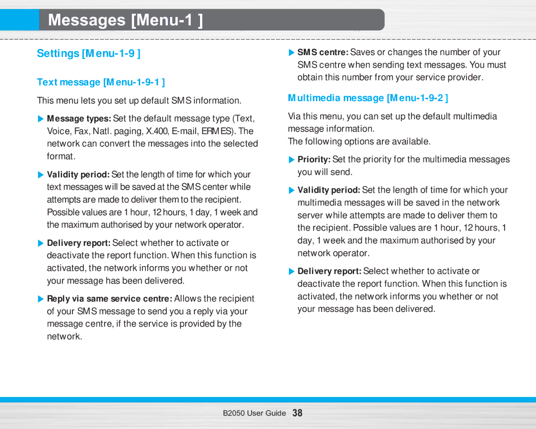 LG Electronics B2050 manual Settings Menu-1-9, Text message Menu-1-9-1, Multimedia message Menu-1-9-2 