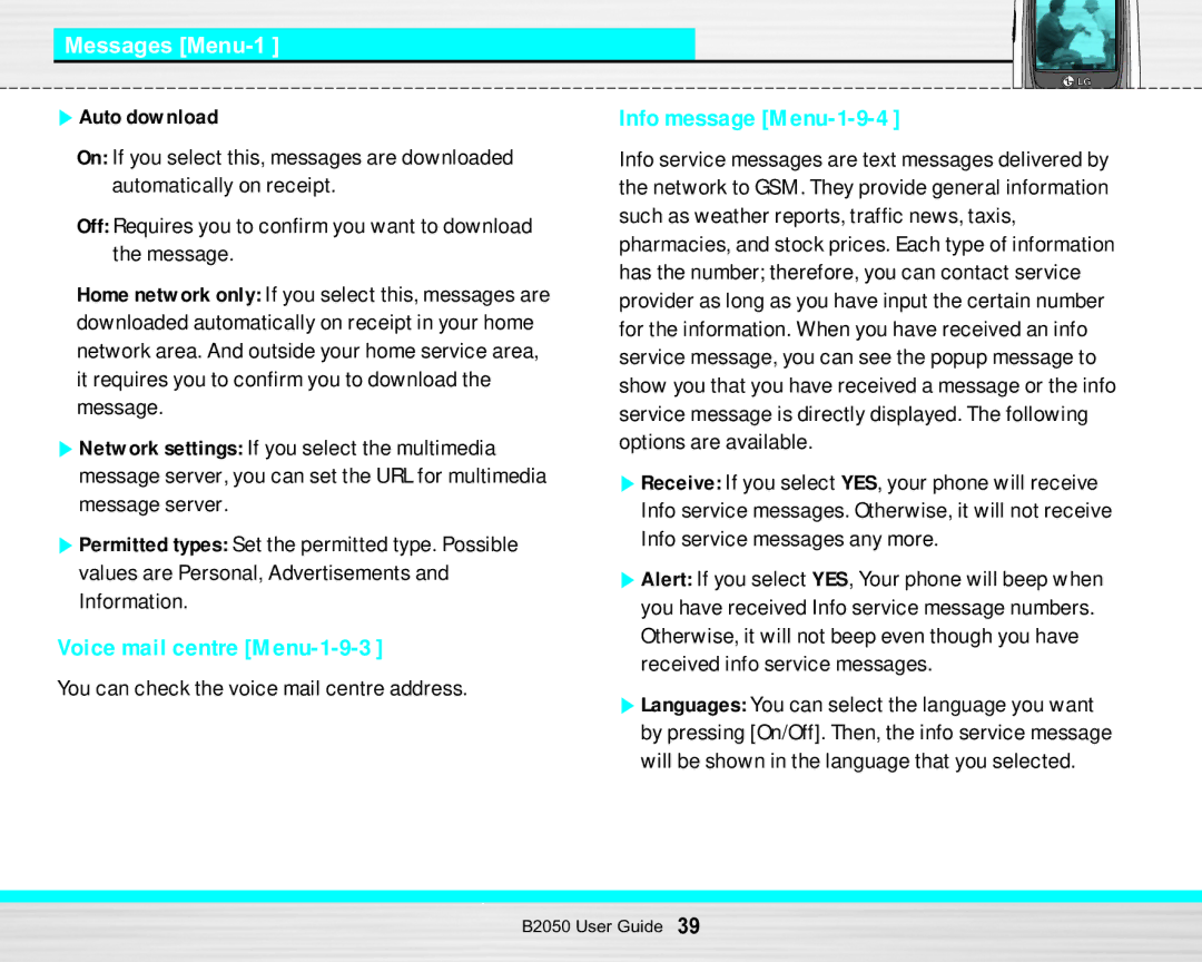 LG Electronics B2050 manual Info message Menu-1-9-4, Voice mail centre Menu-1-9-3, Auto download 