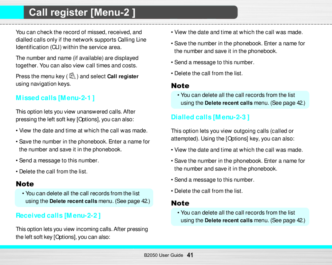 LG Electronics B2050 manual Call register Menu-2, Missed calls Menu-2-1, Received calls Menu-2-2, Dialled calls Menu-2-3 