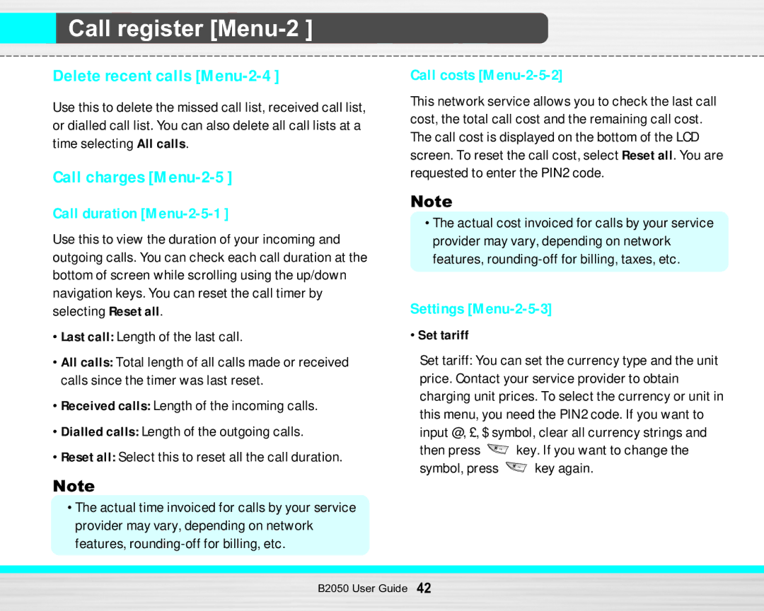 LG Electronics B2050 Delete recent calls Menu-2-4, Call charges Menu-2-5, Call duration Menu-2-5-1, Call costs Menu-2-5-2 