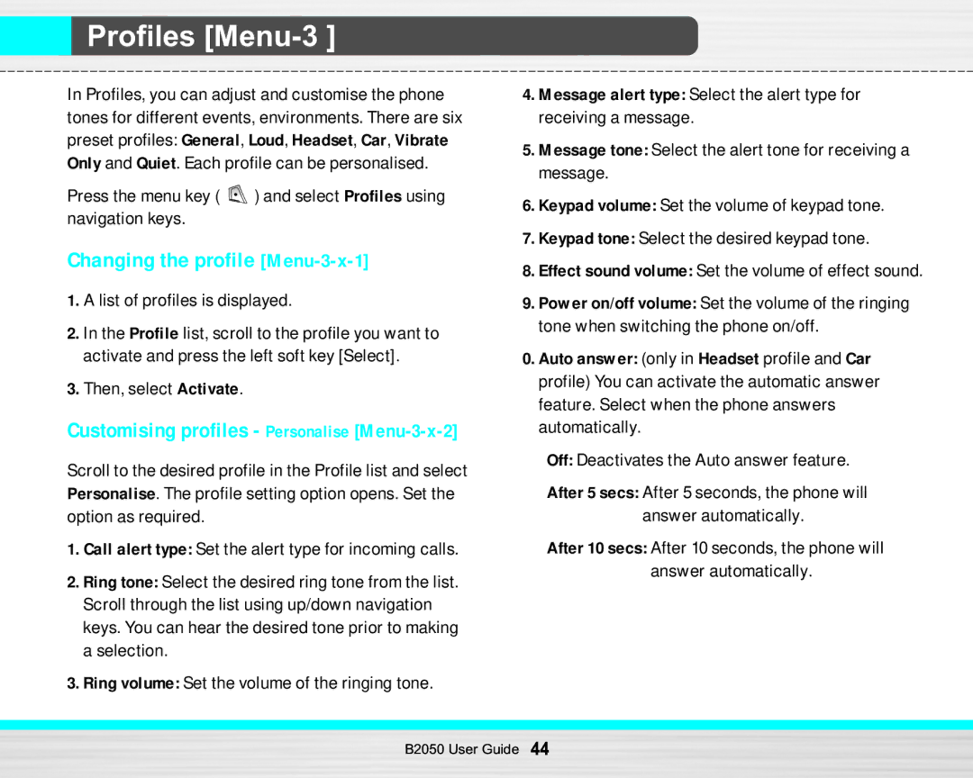 LG Electronics B2050 manual Profiles Menu-3, Changing the profile Menu-3-x-1, Customising profiles Personalise Menu-3-x-2 