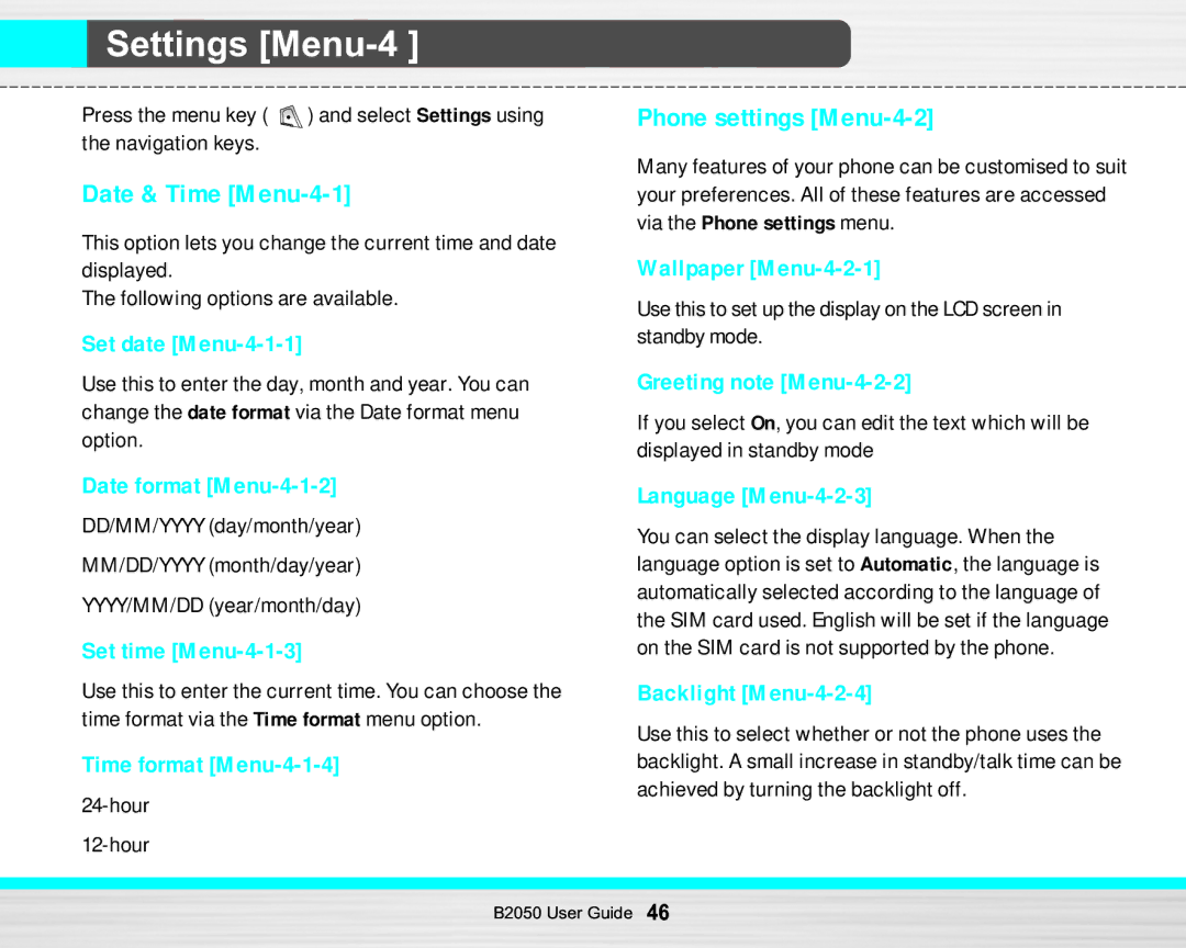 LG Electronics B2050 manual Settings Menu-4, Date & Time Menu-4-1, Phone settings Menu-4-2 