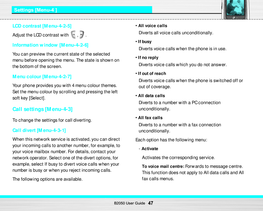 LG Electronics B2050 manual Information window Menu-4-2-6, Call settings Menu-4-3, Call divert Menu-4-3-1, Settings Menu-4 