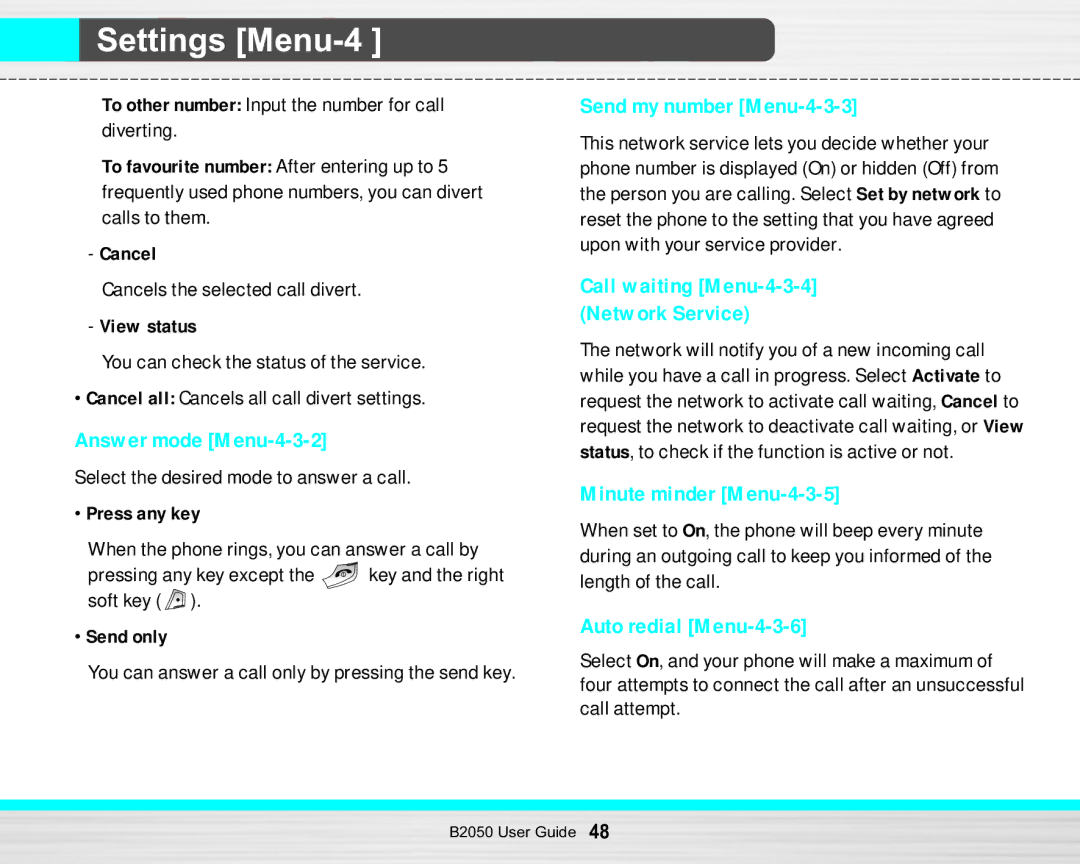 LG Electronics B2050 Answer mode Menu-4-3-2, Send my number Menu-4-3-3, Minute minder Menu-4-3-5, Auto redial Menu-4-3-6 
