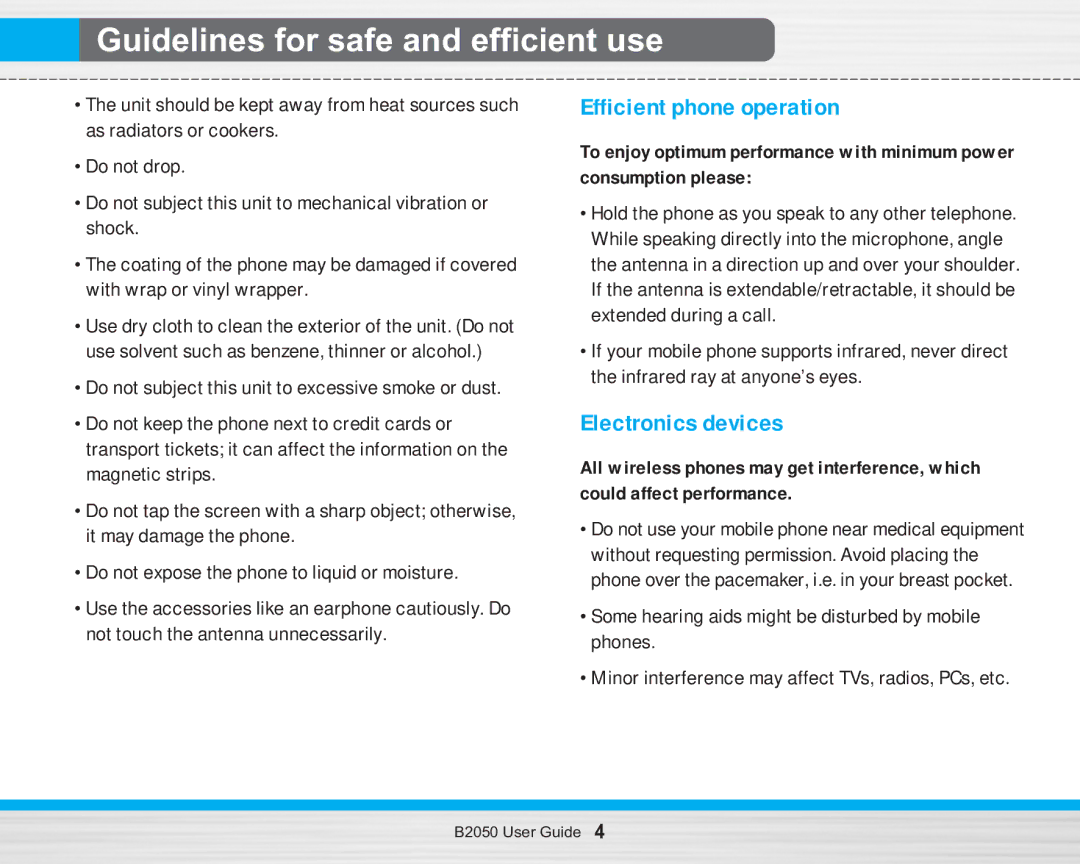 LG Electronics B2050 manual Efficient phone operation, Electronics devices 