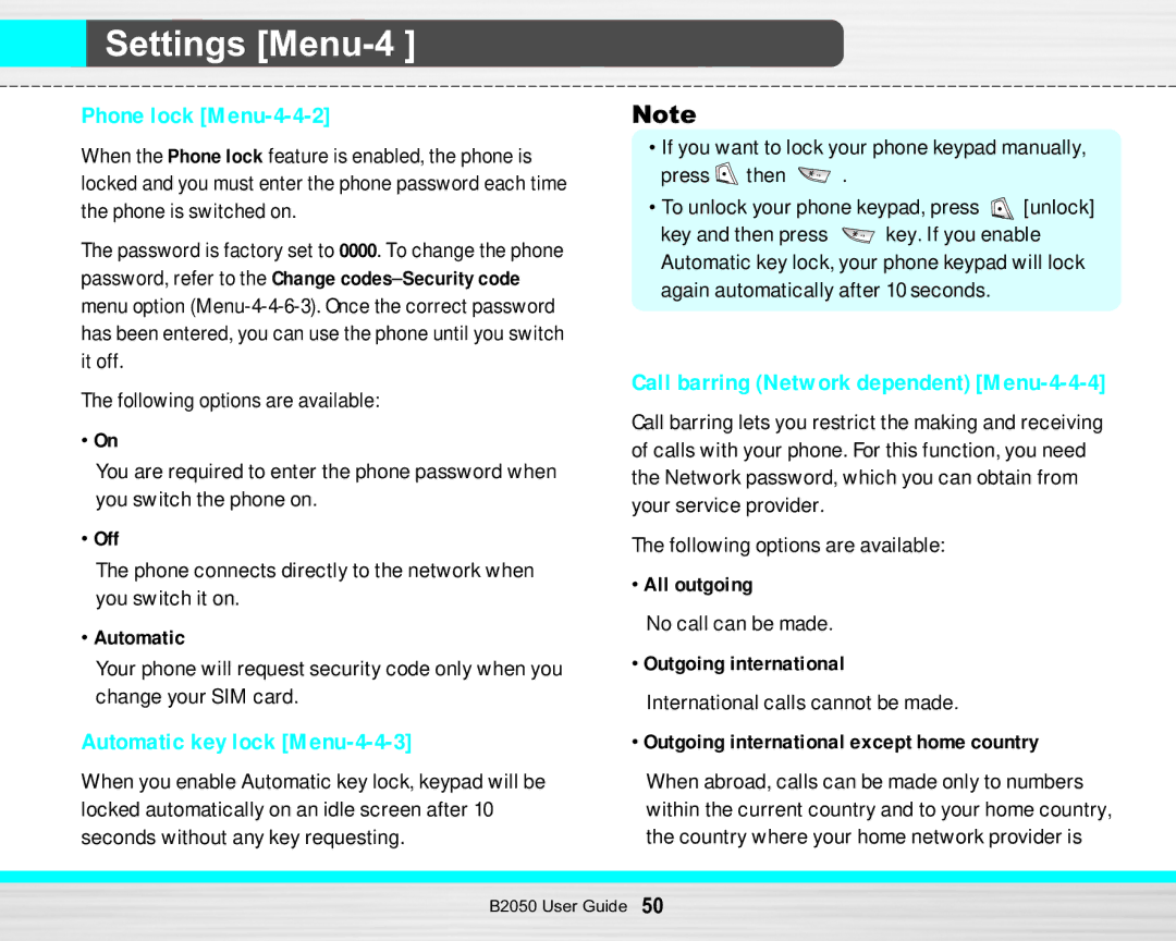 LG Electronics B2050 manual Phone lock Menu-4-4-2, Automatic key lock Menu-4-4-3, Call barring Network dependent Menu-4-4-4 