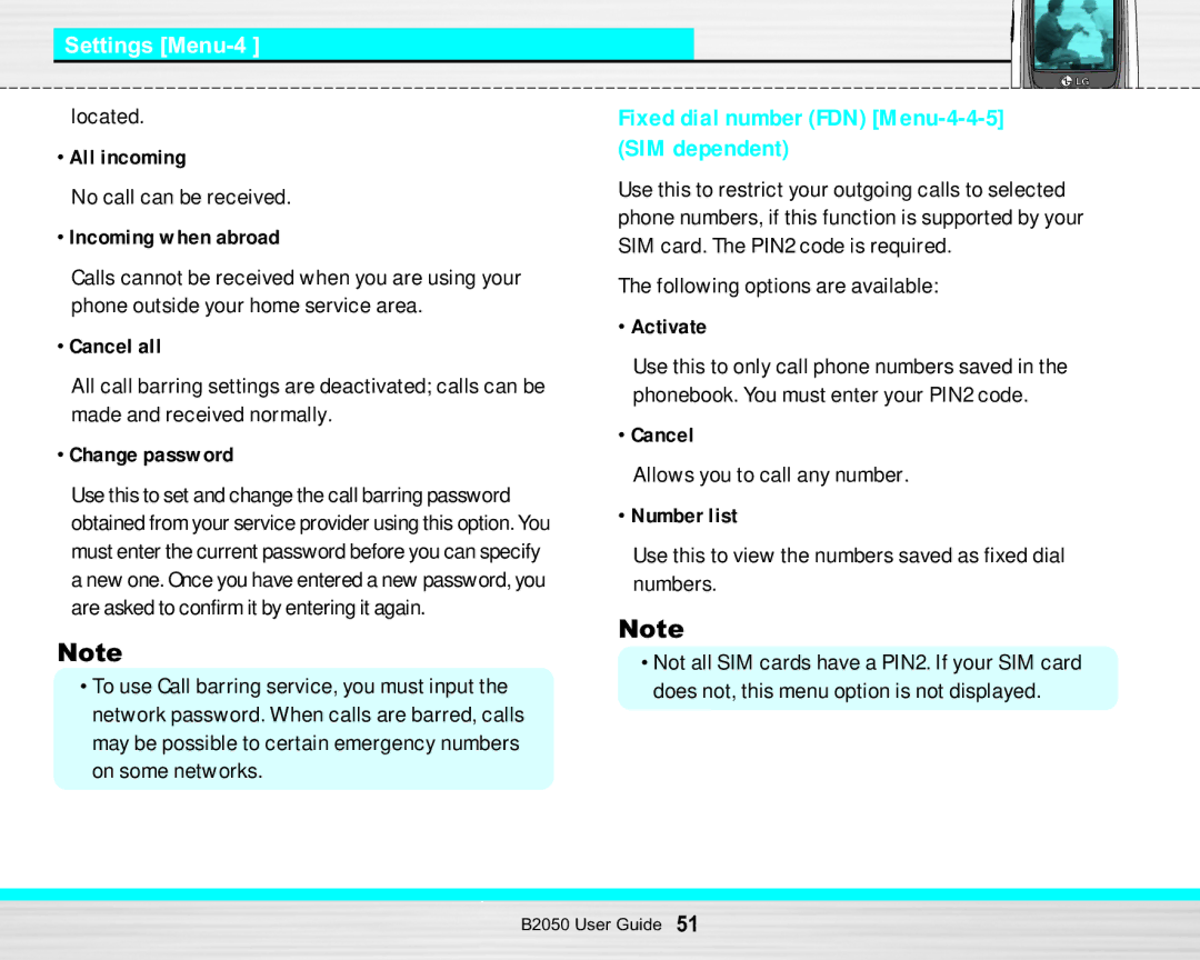LG Electronics B2050 manual Fixed dial number FDN Menu-4-4-5, SIM dependent 