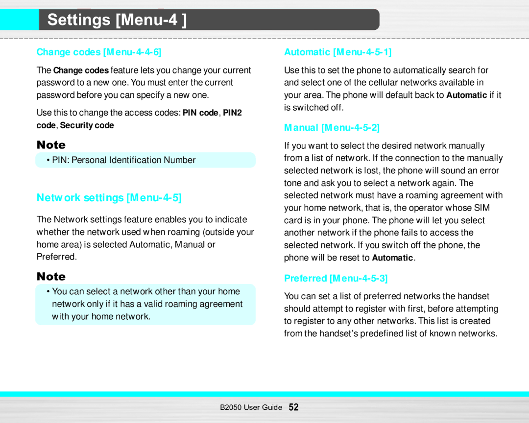 LG Electronics B2050 manual Network settings Menu-4-5, Change codes Menu-4-4-6, Automatic Menu-4-5-1, Manual Menu-4-5-2 