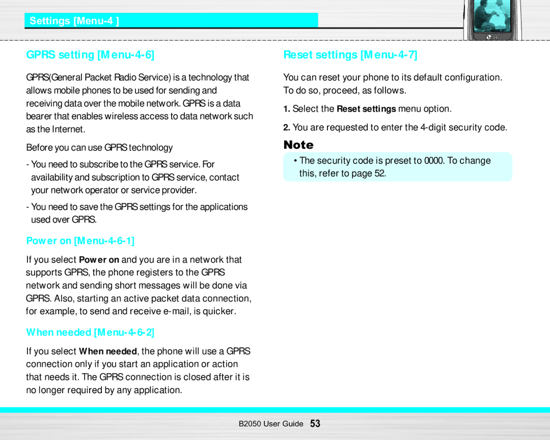 LG Electronics B2050 manual Gprs setting Menu-4-6, Power on Menu-4-6-1, When needed Menu-4-6-2 