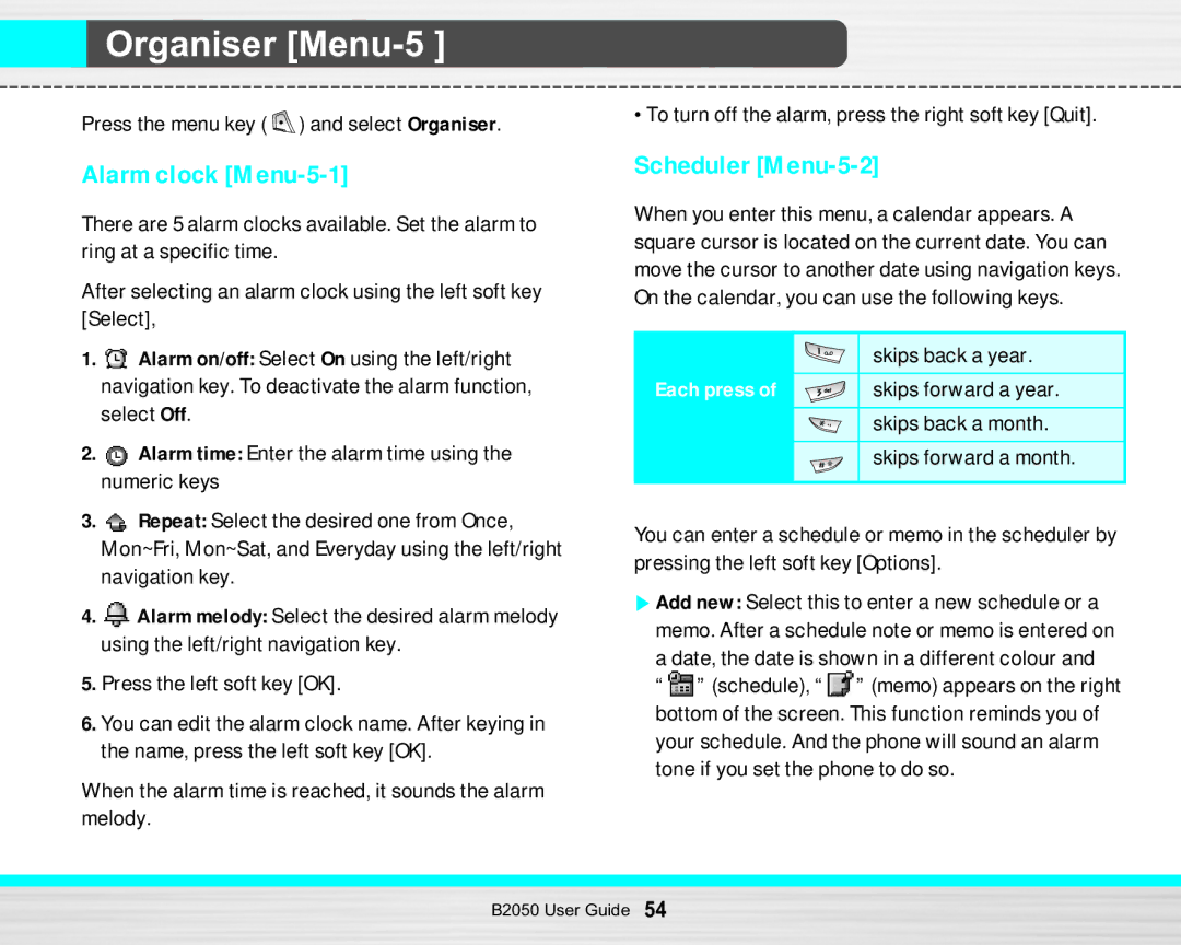 LG Electronics B2050 manual Organiser Menu-5, Alarm clock Menu-5-1, Scheduler Menu-5-2, Each press 