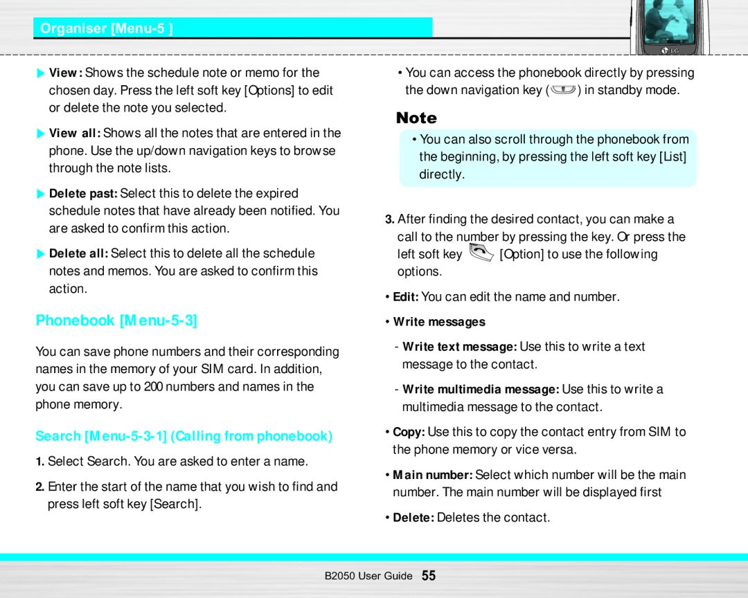 LG Electronics B2050 manual Phonebook Menu-5-3, Search Menu-5-3-1 Calling from phonebook, Organiser Menu-5 