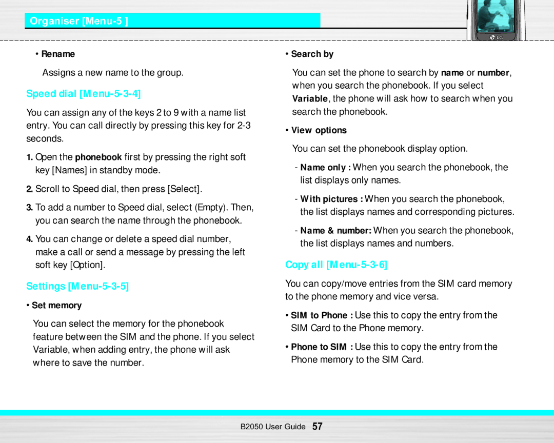 LG Electronics B2050 manual Speed dial Menu-5-3-4, Copy all Menu-5-3-6, Settings Menu-5-3-5 