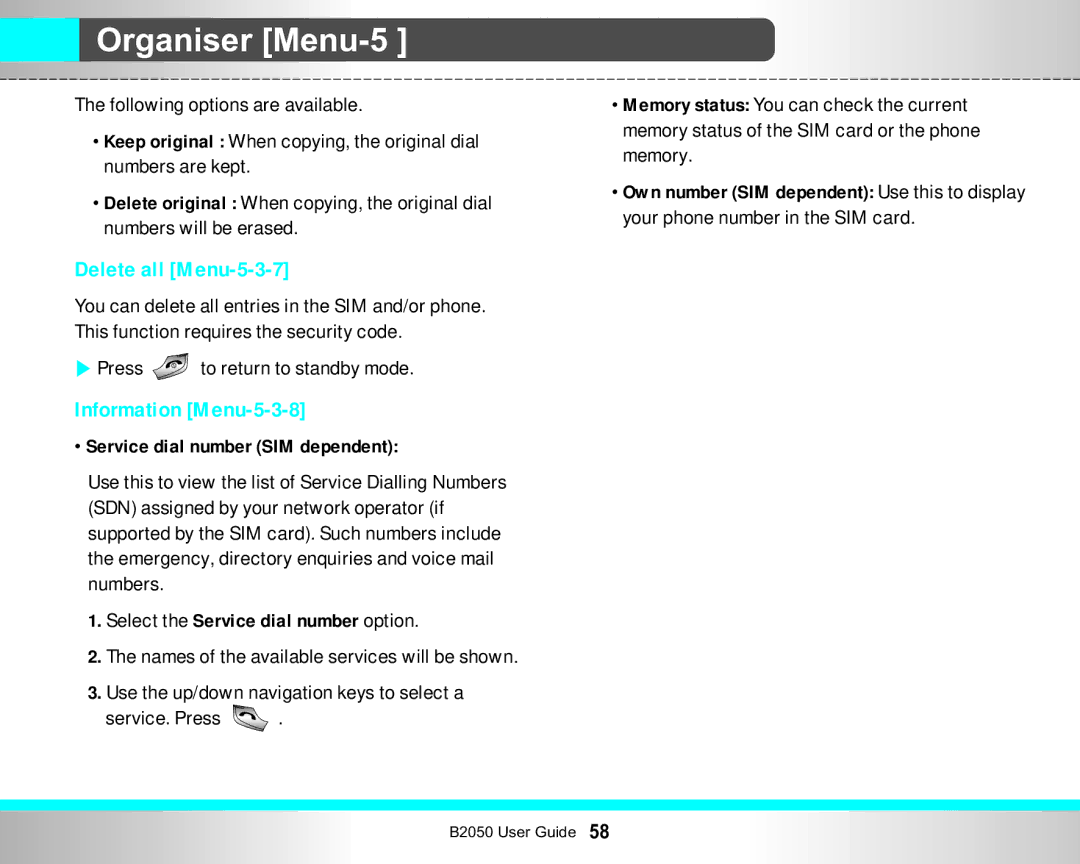 LG Electronics B2050 manual Delete all Menu-5-3-7, Information Menu-5-3-8, Press to return to standby mode 