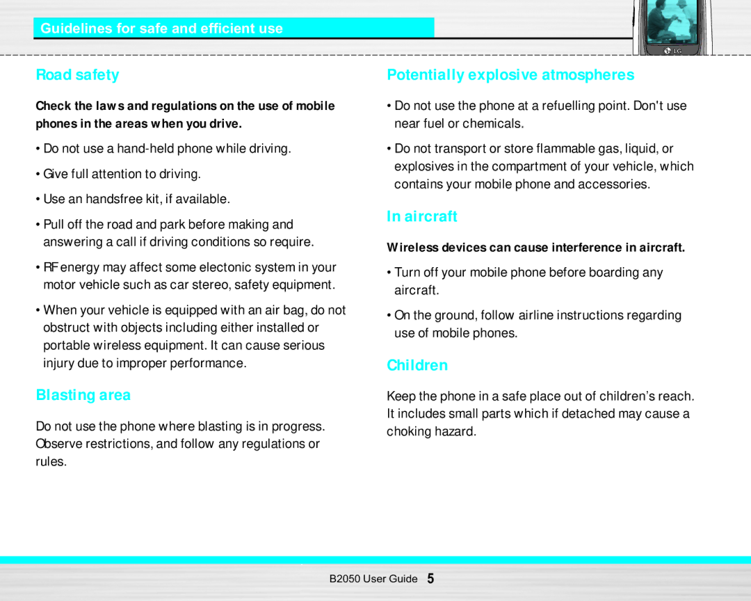 LG Electronics B2050 manual Road safety, Blasting area, Aircraft, Children, Guidelines for safe and efficient use 