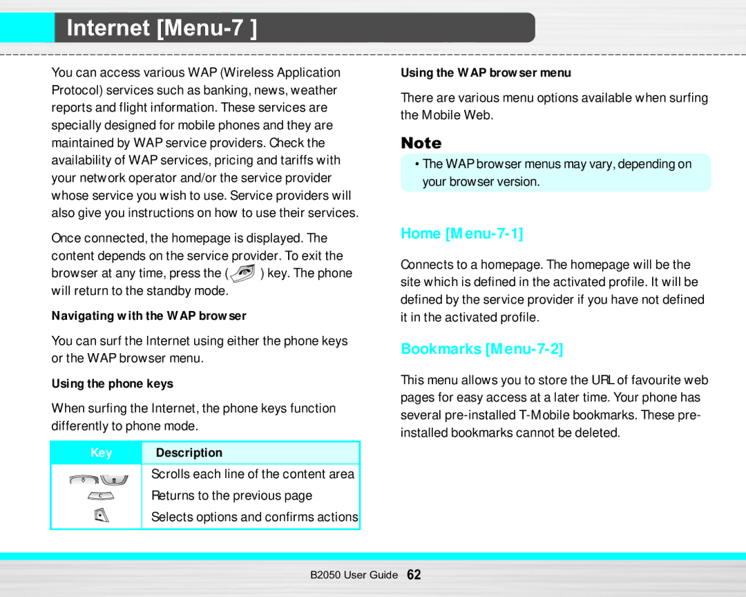 LG Electronics B2050 manual Internet Menu-7, Home Menu-7-1, Bookmarks Menu-7-2 