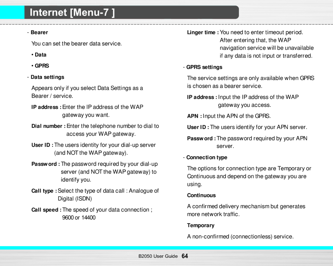 LG Electronics B2050 manual Bearer, Data settings, Gprs settings, Connection type, Continuous, Temporary 