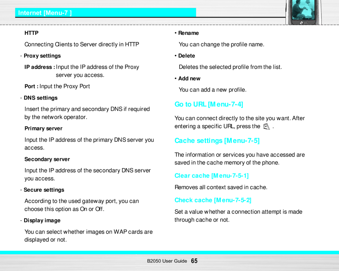 LG Electronics B2050 manual Go to URL Menu-7-4, Cache settings Menu-7-5, Clear cache Menu-7-5-1, Check cache Menu-7-5-2 