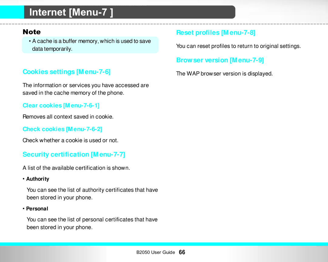 LG Electronics B2050 manual Cookies settings Menu-7-6, Security certification Menu-7-7, Reset profiles Menu-7-8 