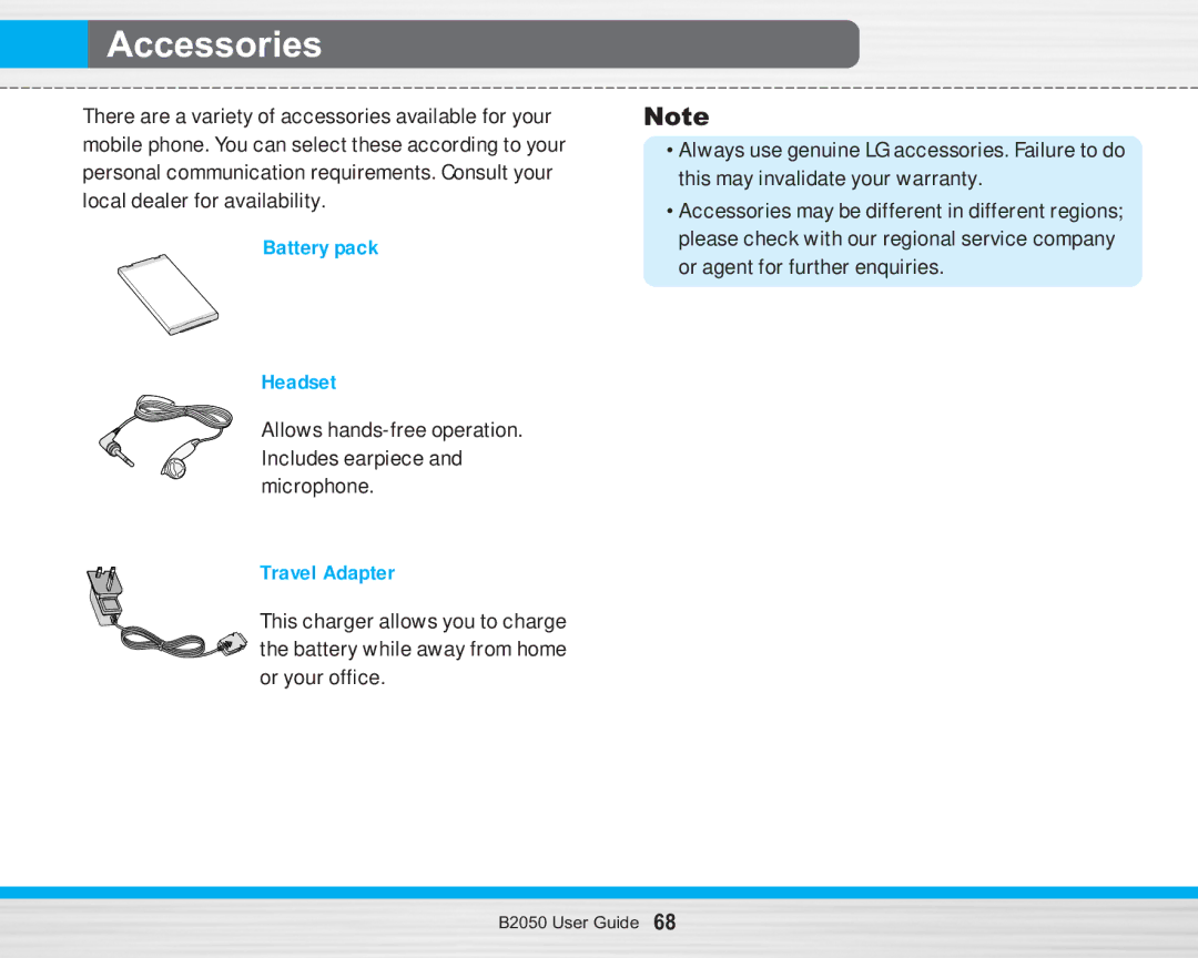 LG Electronics B2050 manual Accessories, Travel Adapter 