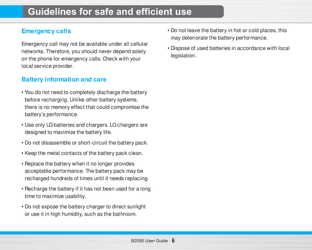 LG Electronics B2050 manual Emergency calls, Battery information and care 