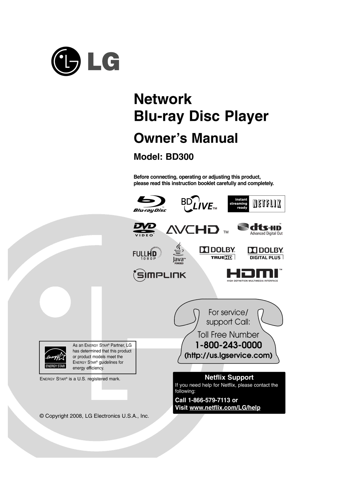 LG Electronics BD300 owner manual Network Blu-ray Disc Player 