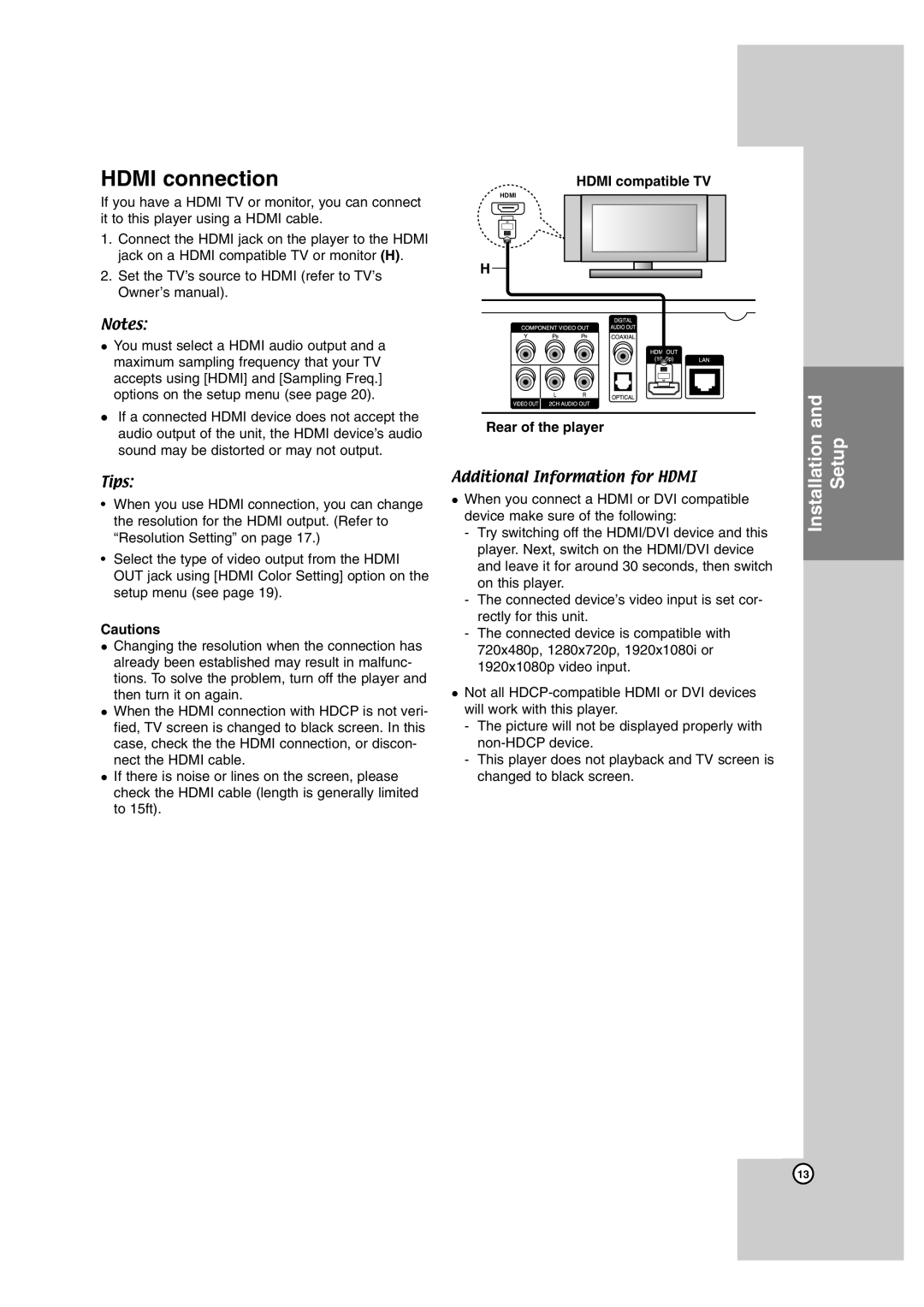 LG Electronics BD300 owner manual Hdmi connection, Hdmi compatible TV, Rear of the player 