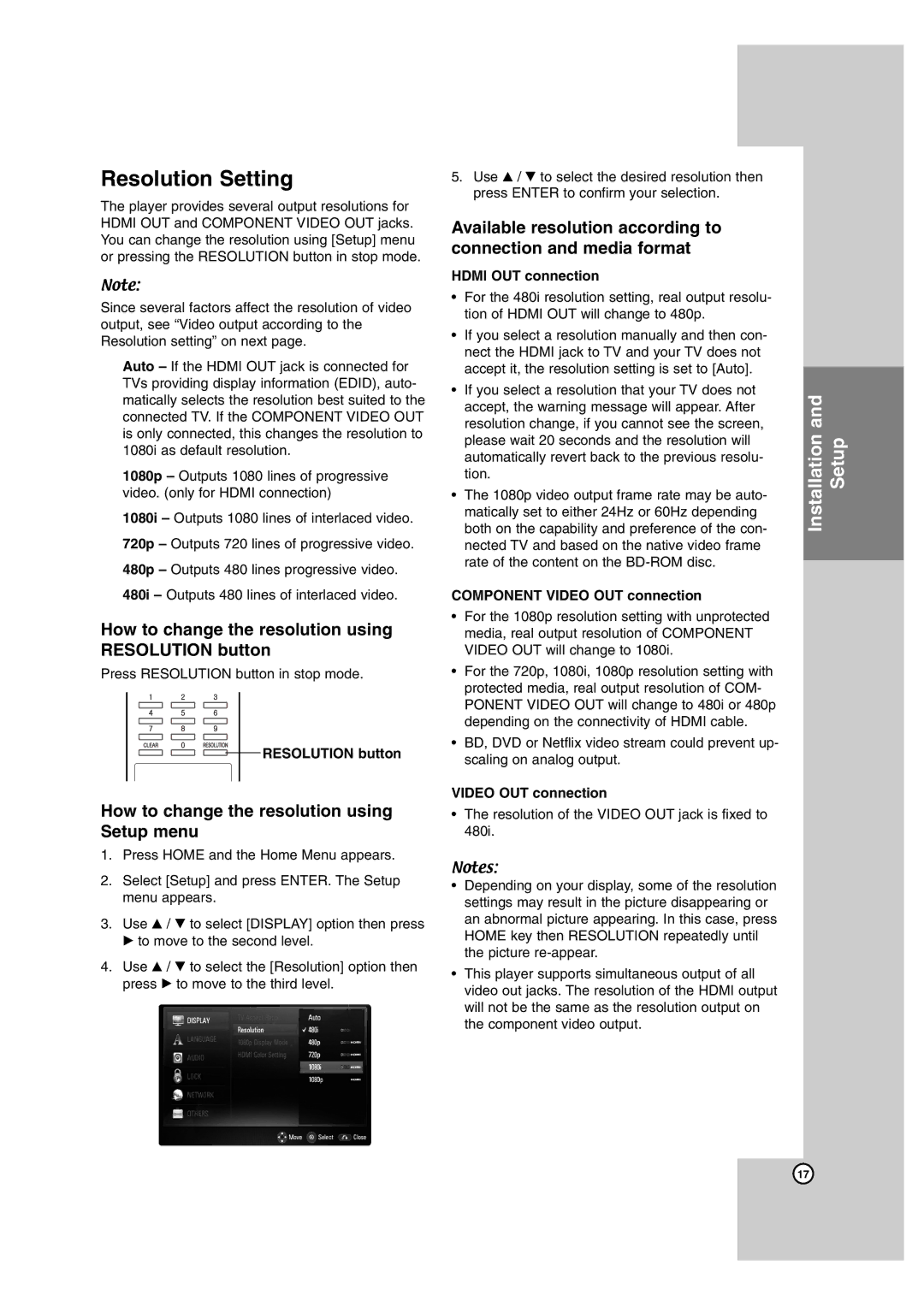 LG Electronics BD300 owner manual Resolution Setting, How to change the resolution using Resolution button 