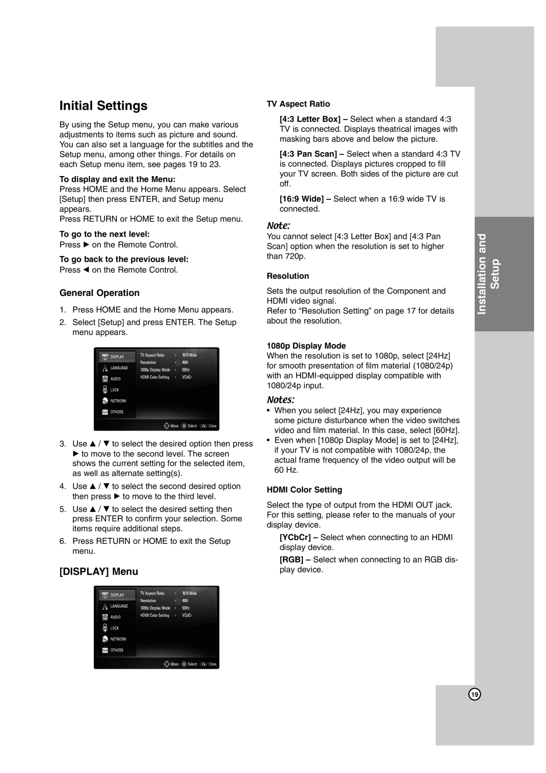 LG Electronics BD300 owner manual Initial Settings, Display Menu, General Operation 