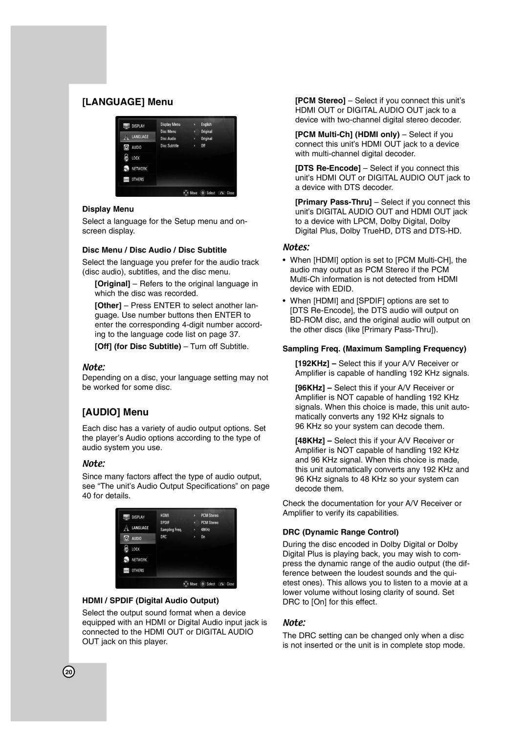 LG Electronics BD300 owner manual Language Menu, Audio Menu 