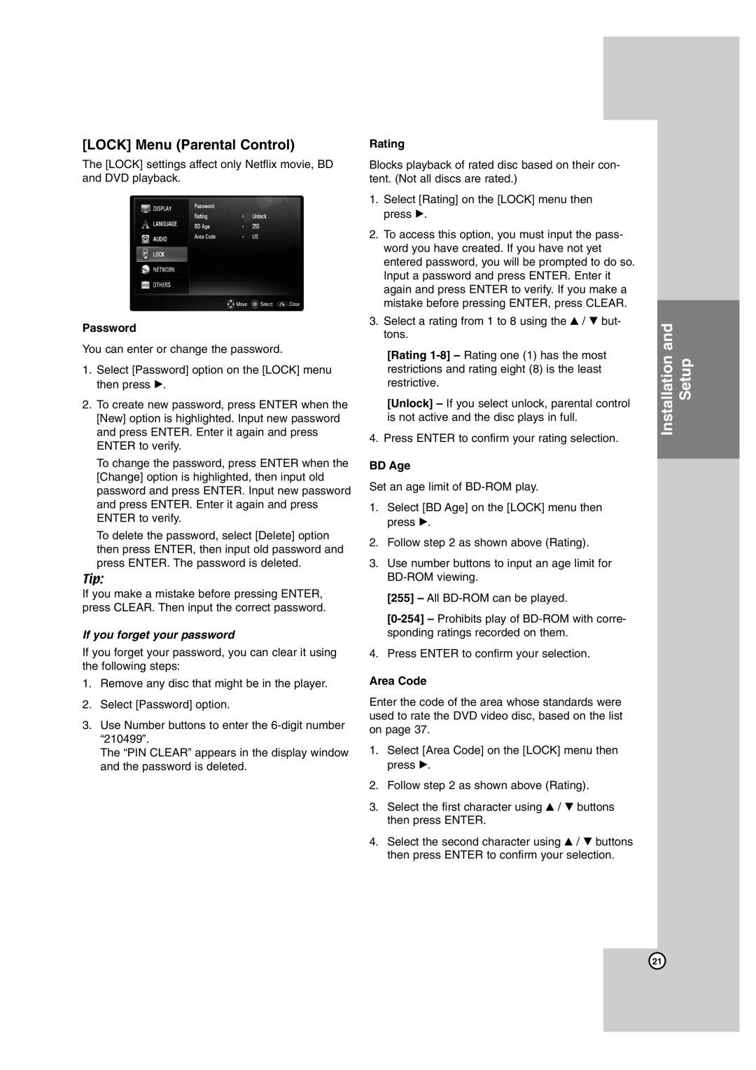 LG Electronics BD300 owner manual Lock Menu Parental Control, Password, Rating, BD Age, Area Code 